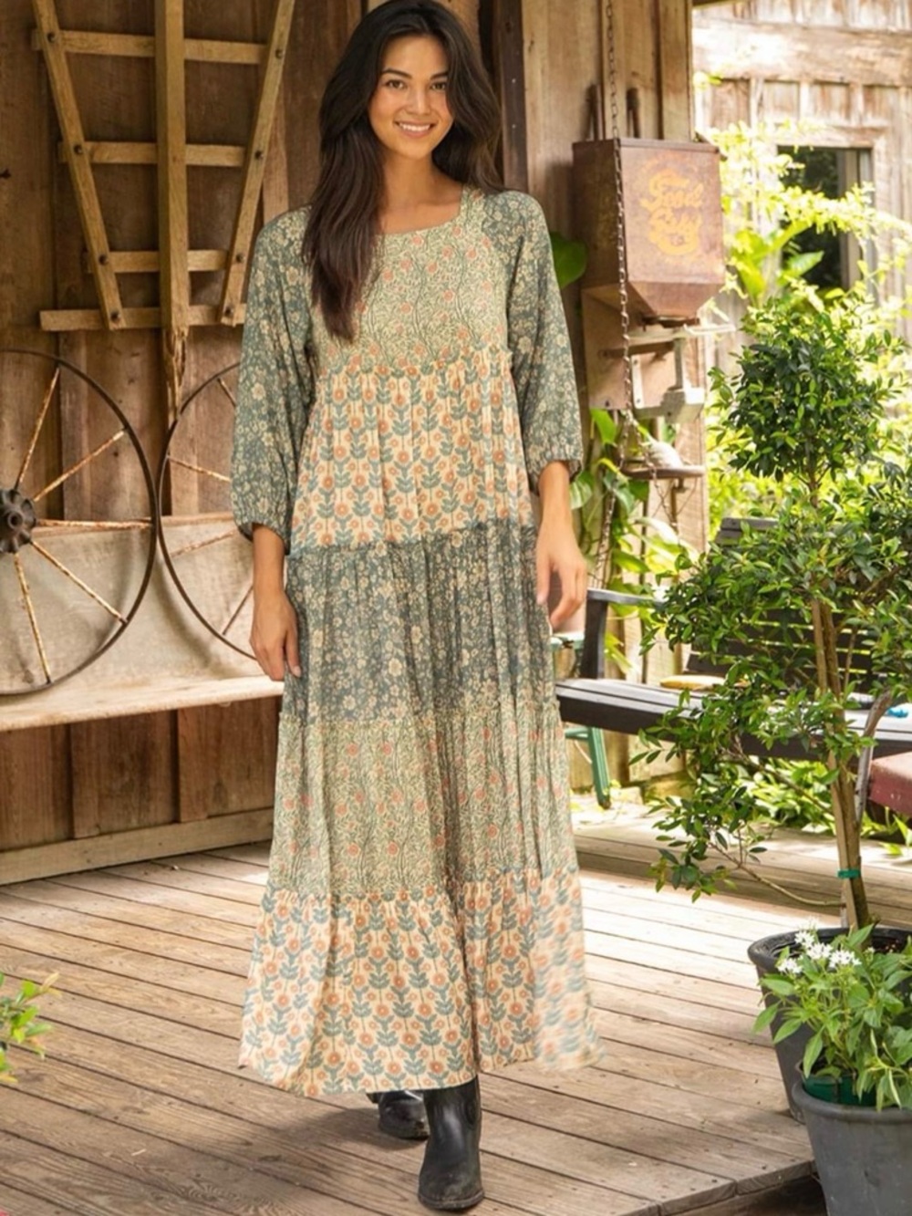 NATURAL LIFE Berkley Long Sleeve Maxi Dress in the Sage Bloom pattern